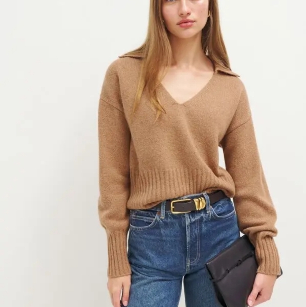 Reformation Beckie Cashmere Collared Sweater in Panko size S NWT